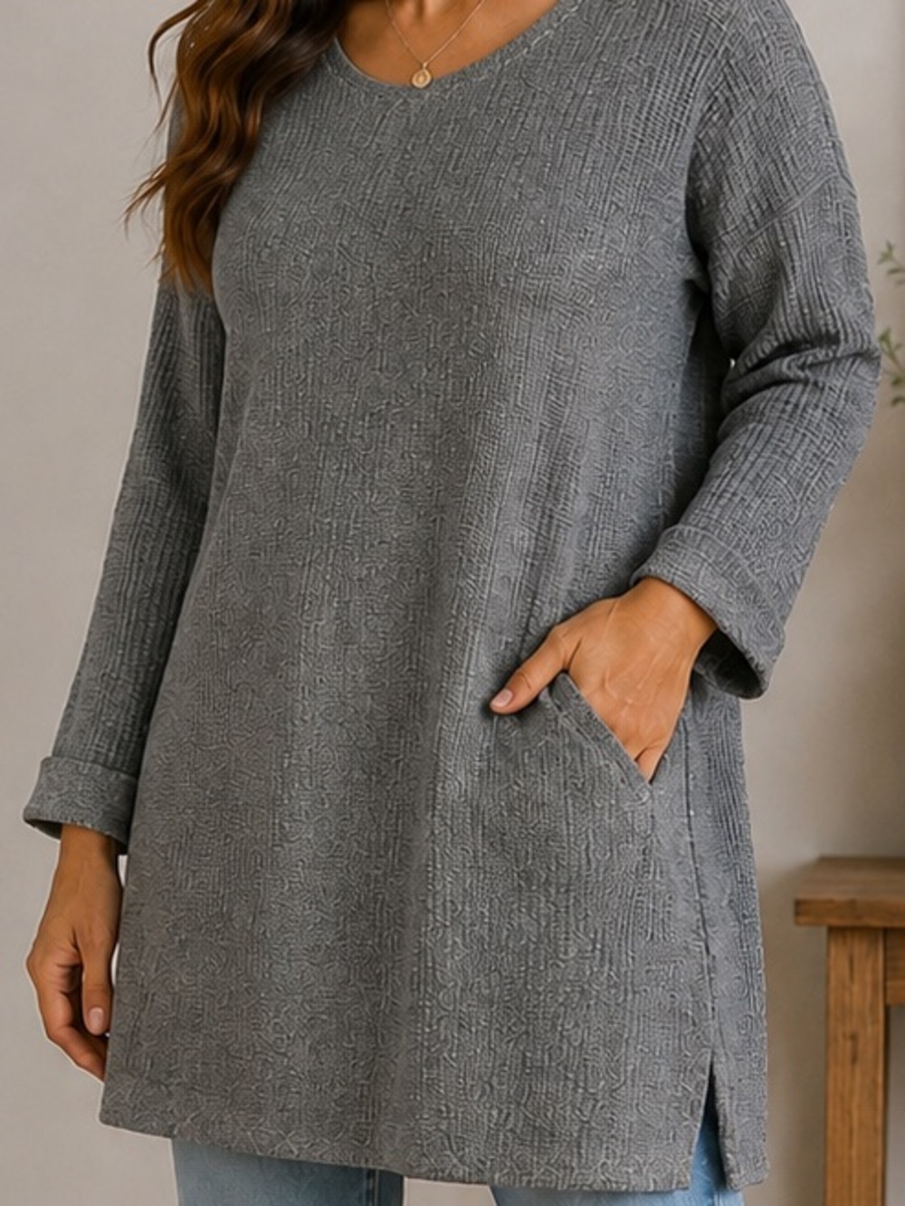 Yak & Yeti gray waffle-knit long sleeve tunic or dress